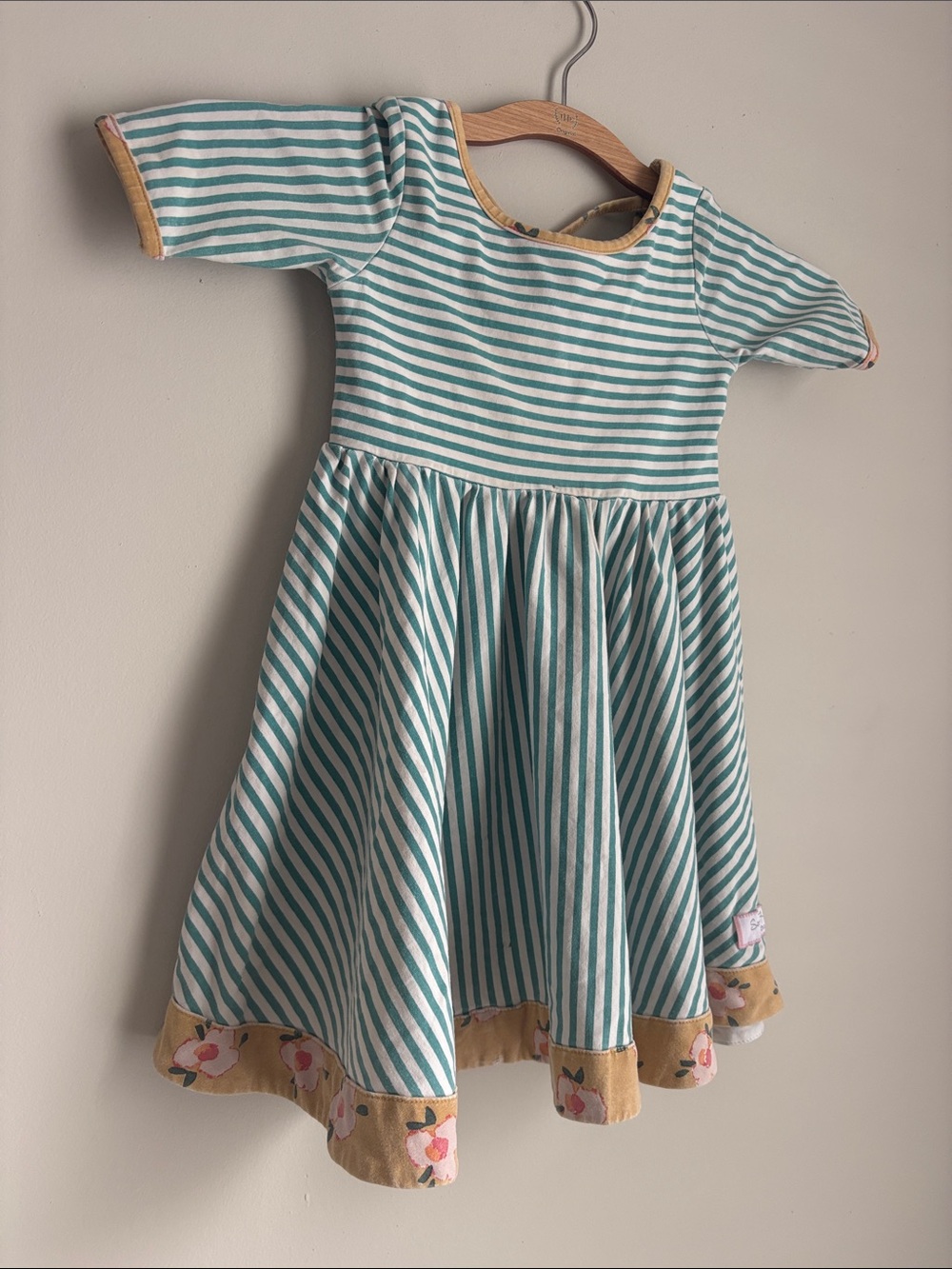 SweetHoney Teal and White Striped Girls' Dress with Yellow Floral Hem